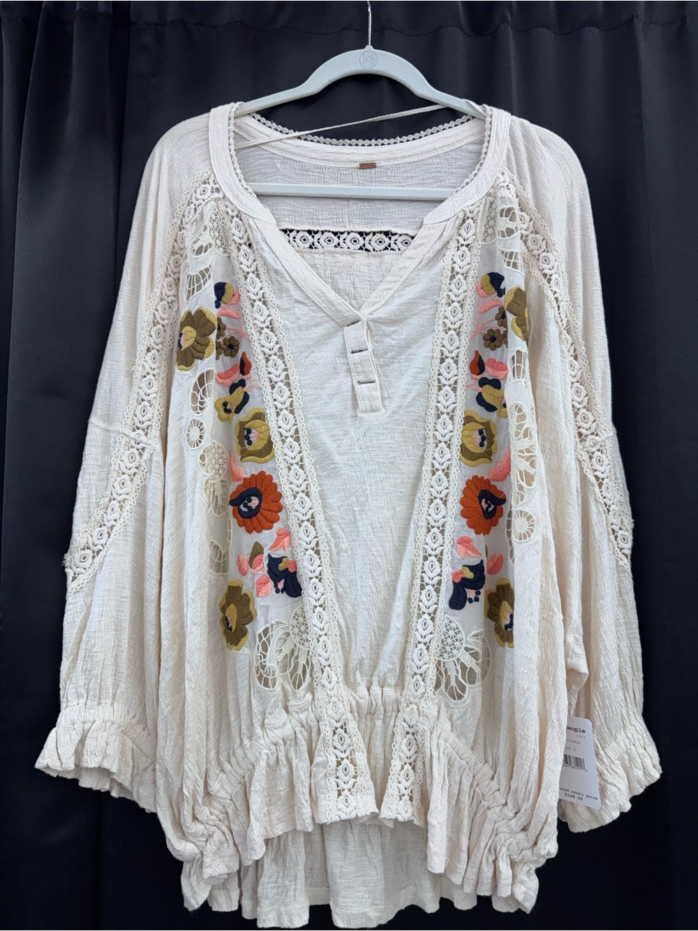Free People Cream Boho Embroidered Peasant Top